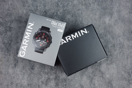 Bangkok, Thailand - February 16, 2024 : A box of Garmin smart watch Epix Pro Gen 2, a step counter and amount of calories burned. The best of sport smartwatchのeditorial素材