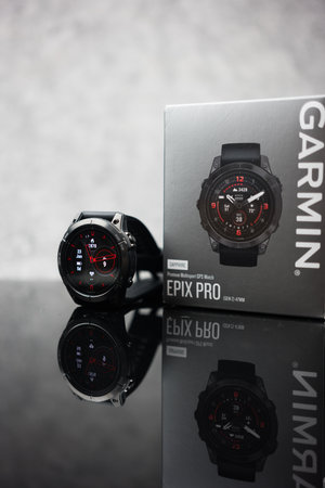 Bangkok, Thailand - February 16, 2024 : Smart watch Garmin Epix Pro Gen 2, Sapphire Edition 47 mm. Color of carbon gray DLC titanium with black band and packagingのeditorial素材