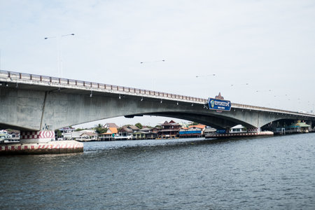 Nonthaburi, Thailand - February 16, 2024 : Rama 5, a bridge across the Chao Phraya River in Nonthaburi Province, Thailand.のeditorial素材