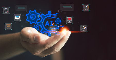 Artificial Intelligence, Man using technology smart AI, artificial intelligence by enter command prompt for generates something, Futuristic technology transformation, Chatbot, assistant, secretary.の写真素材