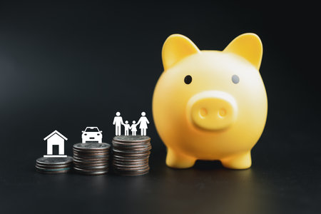 Yellow piggy bank and coins stacked like a graph with house icon, car icon and family icon on coins stack. Saving ideas and investment budget, Business saving money concept, Copy spaceの写真素材