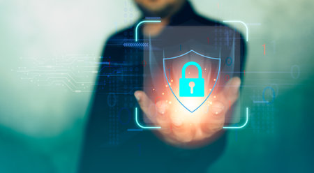 Data protection and privacy concepts. Cybersecurity network. A businessman is showing safeguarding...