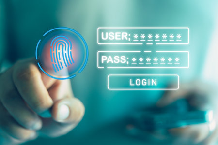 Entering your password via biometric identity verification access with fingerprint, fingerprint scanning for identity verification to access username and passwordの写真素材
