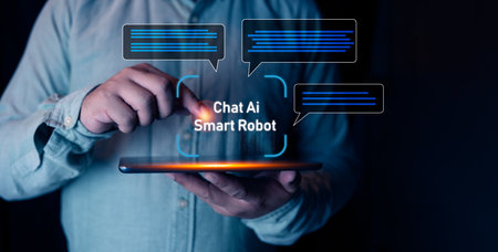 Businessman using technology global internet connect chat with AI, Artificial Intelligence, using command prompt for generates something. Chat technology for seamless communicationの写真素材