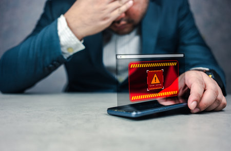 System warning caution sign for notification error concept. A businessman serious got cyber attack data breach, compromised information on network. Cybersecurity vulnerability, illegal connection,の写真素材