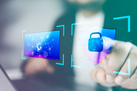 Cybersecurity privacy of data protection, businessman touch secure encryption technology, security Internet access, security encryption of user private data, business confidentiality.の写真素材