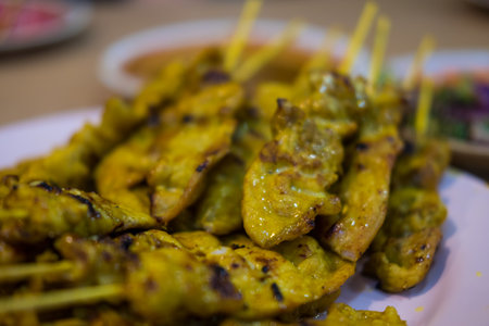 Close pork satay skewer. This Thai pork satay recipe is easy to make and can be eaten as an appetizer, snack, or main course dish. Thai street foodの写真素材