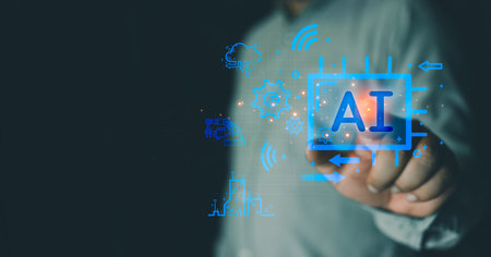 Man touch icon ai. City life, research, analyze content creation and online marketing strategies to grow their digital business. Futuristic, internet network communicationの写真素材