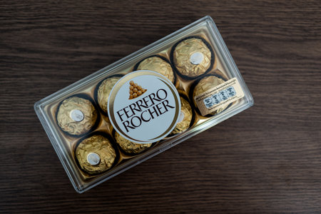 Bangkok, Thailand - February 29, 2024 : Close up a box fo chocolate sweets Ferrero Rocher in the box. Candy in branded packagingのeditorial素材