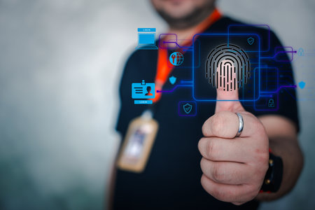 Official staff use fingerprint scan to access data and security in organization. Person identity concept with biometrics security by fingerprint. HRM and HRD conceptの写真素材