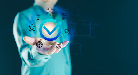 Quality management and standard control of business work concept, men show standard quality control, ISO certification icon growing target of product and business developの写真素材