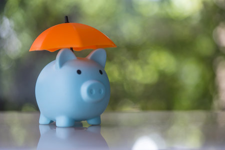 Piggy bank put on wood table with umbrella. The  concept for finance insurance, protection and safe investment or bankingの写真素材