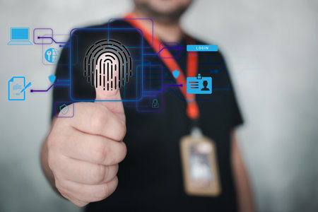 Eemployee scan fingerprint to access data and security in organization. Person identity concept with biometrics security by fingerprint. HRM and HRD concept. Futuristic biometric security systemの写真素材