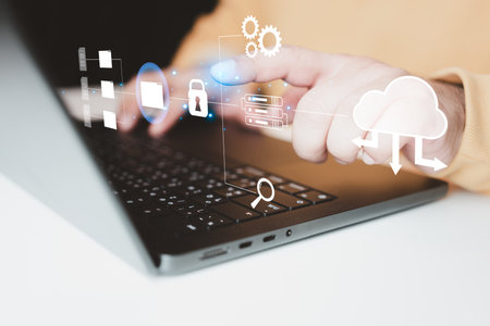 Document Management System DMS. A man touch document icon managing corporate files and information. Internet technology concept. Digital security.の写真素材