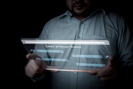 Man chatting with an intelligent artificial intelligence asks for the answers he wants. Digital...