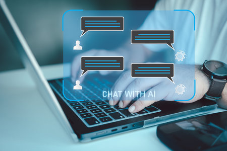 Chatbot conversation assistant. Person using online customer service with chat bot to get support....