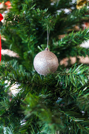 Close up Christmas decoration silver balls on a branch. Ð¡hristmas tree decorationの写真素材
