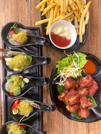 Many of Thai appetizer for the party on wood tableの写真素材