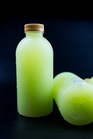 Tasty healthy guava juice bottles with no brand for commercial advertisement text.の写真素材