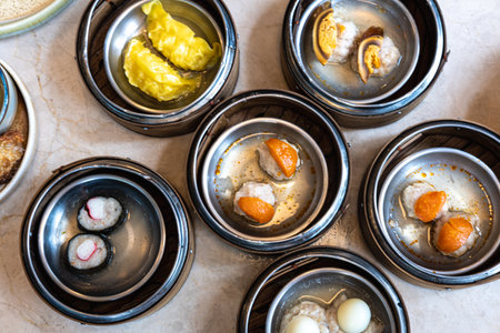 Many kind of dim sum on table. Chinese food deliciousの写真素材