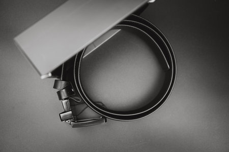 Box containing men's belt with metal buckleの写真素材