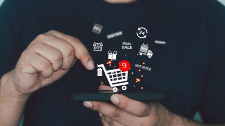 The technology of online retail business. Multichannel marketing on social media network platforms offers service of internet payment channel, online retail shopping. E-commerce marketing purchasingの写真素材