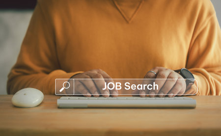 Searching browsing internet data information about job with search bar. Man use keywords to search for information. Using console with your website. Data search technology search engine optimization.の写真素材