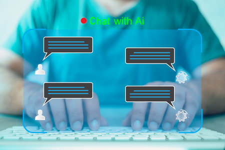 Man using the website or software technology AI to help and support work for chatbot, chat ai, generate image, write code, and data analysis using technology smart robot AIの写真素材