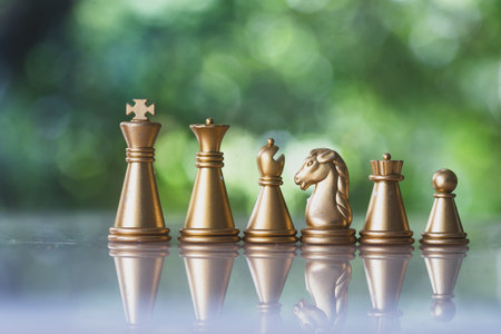 Gold chess pieces in a row on a natural background. Can use to display or montage on productの写真素材
