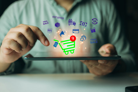 E-commerce digital business online internet technology concept on virtual screen. Online shopping and e-commerce technology internet, shopping service online web and offers home delivery.の写真素材