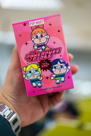 Bangkok, Thailand - April 26, 2024 : CRYBABY Ã Powerpuff Girls Series Figures in pink box from Pop mart shop. Collection from Pop Mart blind box collectable cute toys designのeditorial素材