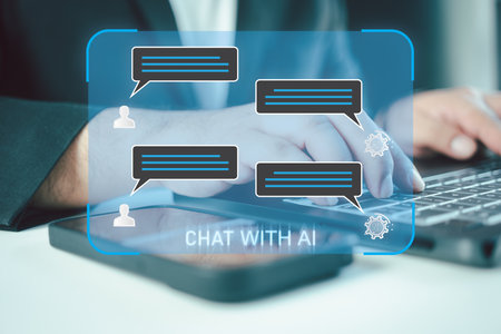 Chatbot chat AI concept. Businessman using AI smart robot technology chatting with chat bot, Chat with AI or Artificial Intelligence technology.の写真素材