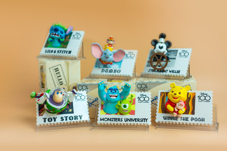 Bangkok, Thailand - May 1, 2024 : Cute toy of Figure of MINISO Disney 100 Years of Wonder Retro Stamp Series Blind Box Figure.のeditorial素材