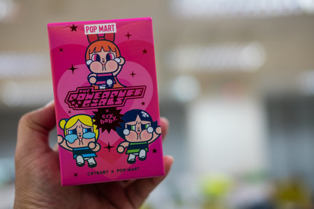 Bangkok, Thailand - May 1, 2024 : CRYBABY Ã Powerpuff Girls Series Figures in pink box from Pop mart shop. Collection from Pop Mart blind box collectable cute toys designのeditorial素材