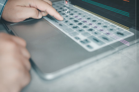 Business performance checklist, businessman using laptop doing online checklist survey, filling out digital form checklist, take an assessment, questionnaire, evaluation, online survey, online exam.の写真素材