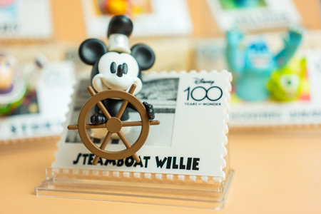 Bangkok, Thailand - May 4, 2024 : Figure of MINISO Disney 100 Years of Wonder Retro Stamp Series Blind Box Figure, Steamboat willieのeditorial素材