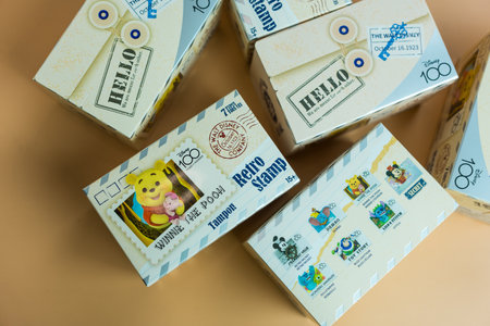 Bangkok, Thailand - May 4, 2024 : Set box toy Figure of MINISO Disney 100 Years of Wonder Retro Stamp Series Blind Box Figureのeditorial素材