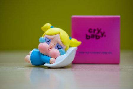 Bangkok, Thailand - May 4, 2024 : Art toys crybaby collaboration with power puff girls collection from Pop Mart blind box collectable cute toys design. Bedtime bubblesのeditorial素材