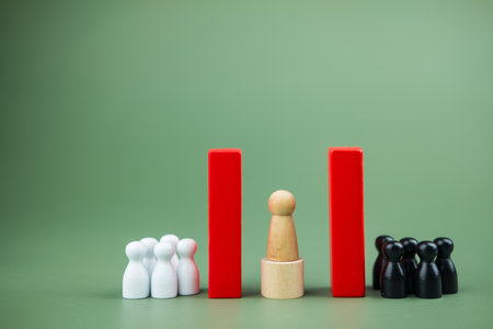The leader businessman standing on the center with crowd of wooden men. leadership, business, team, teamwork and Human resource management conceptの写真素材