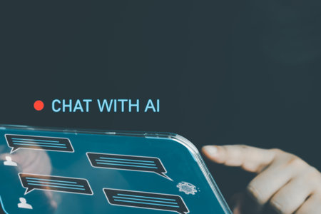 AI chat bot conversation using artificial intelligence technology to answer user. Chatbot virtual assistant, generative AI, customer support. Person typing prompt. Chat interface.の写真素材