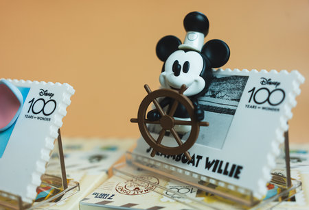 Bangkok, Thailand - May 10, 2024 : Figure of MINISO Disney 100 Years of Wonder Retro Stamp Series Blind Box Figure, Steamboat willieのeditorial素材