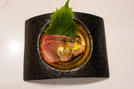 Close up of fresh seafood sashimi plate ready to eat. Popular Japanese food.の写真素材