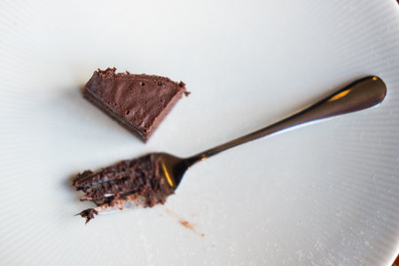 Empty white dirty plate with chocolate cake crumbs and fork after eatingの写真素材
