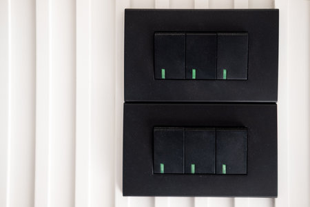 Two pairs of Black light switches on white wall. Element of modern interior design with black electric light switchの写真素材