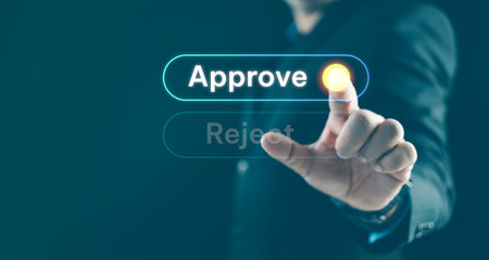 Businessmantouch correct mark to approve document and project concept. Choice between to approve or to refuse concept.の写真素材