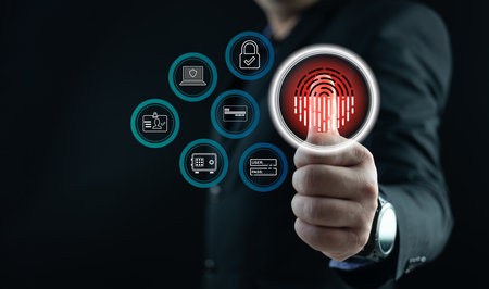 Fingerprint biometric digital scan technology. Graphic interface showing man finger with print scanning identification. Concept of digital security and private data access by fingerprintの写真素材