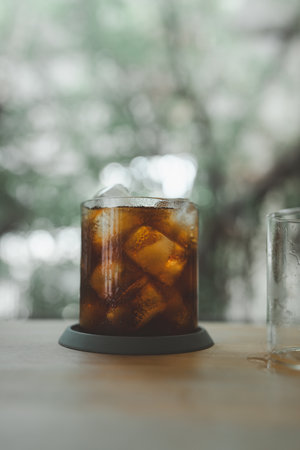 A glass of iced americano with frozen ice cubes on wood tableの写真素材
