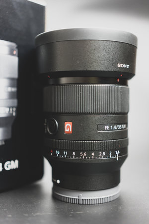 Bangkok, Thailand - June 6, 2024 : Sony FE 35mm F1.4 GM lens. Sony Alpha G Master very wide open...