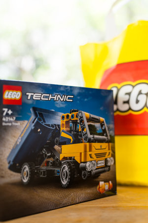 Bangkok, Thailand - June 6, 2024 : LEGO toy of Dump Truck number 42147. Lego is a popular line of construction builders learn new engineering skillsのeditorial素材