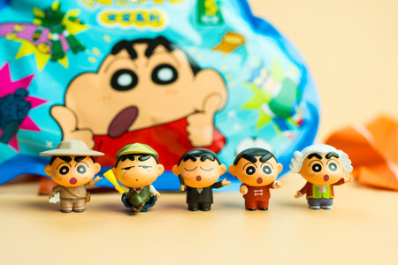 Bangkok, Thailand - June 9, 2024 : Crayon Shin chan Q Cute Doll Mini Changing Series. Shin-chan mini model from UNiPOP brand.のeditorial素材